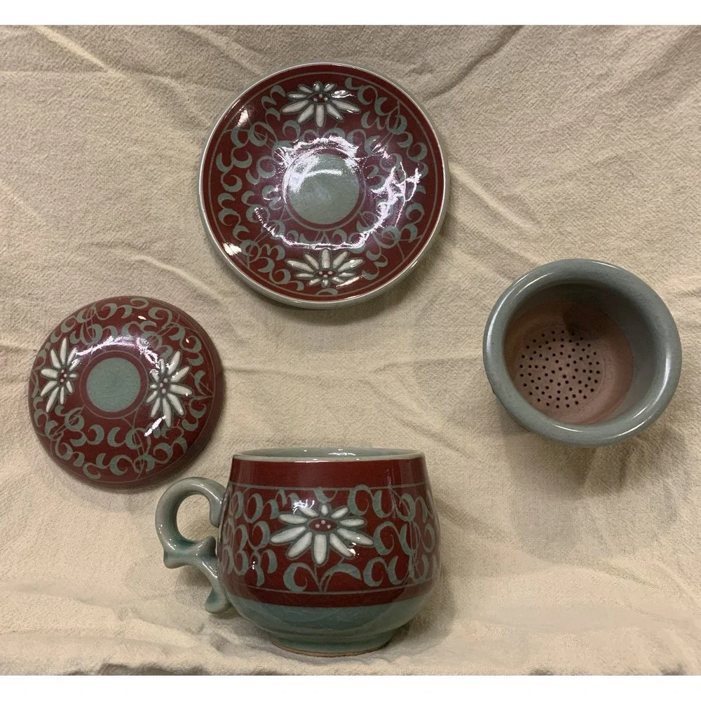 Rare Maroon-Korean Celadon Tea Diffuser Set-(4 Piece) Korean Aster Floral Motif-